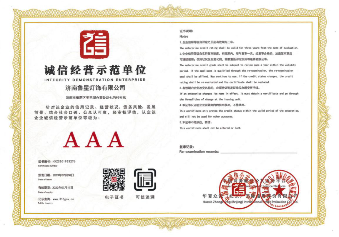 诚信经营示范单位证书
